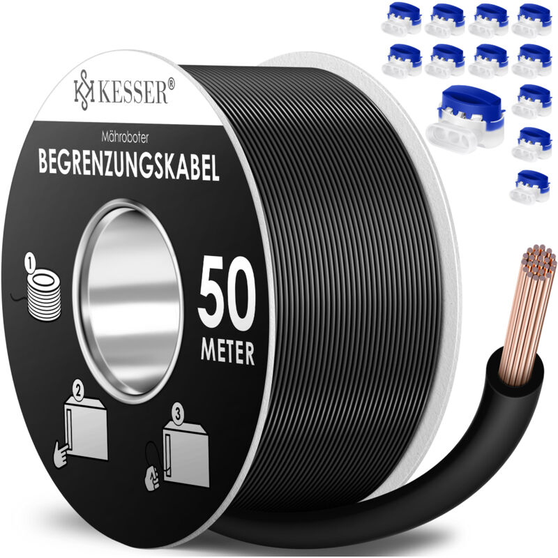 Câble périphérique + piquet + connecteur de câble pour tondeuse robot Accessoires set Câble périphérique compatible universel Noir / 50m - Kesser