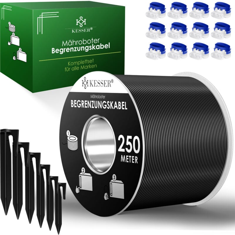 Câble périphérique + piquet + connecteur de câble pour tondeuse robot Accessoires set câble périphérique compatible universel Noir / 250m + kit