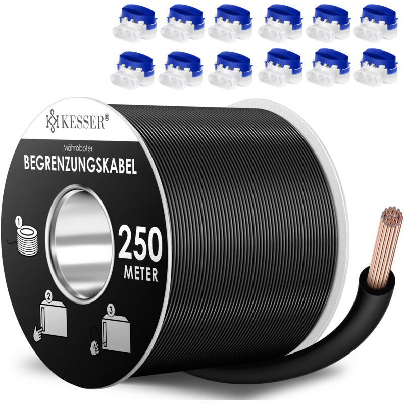 Câble périphérique + piquet de terre + connecteur de câble pour tondeuse robot Accessoires set câble périphérique compatible universel Noir / 250m