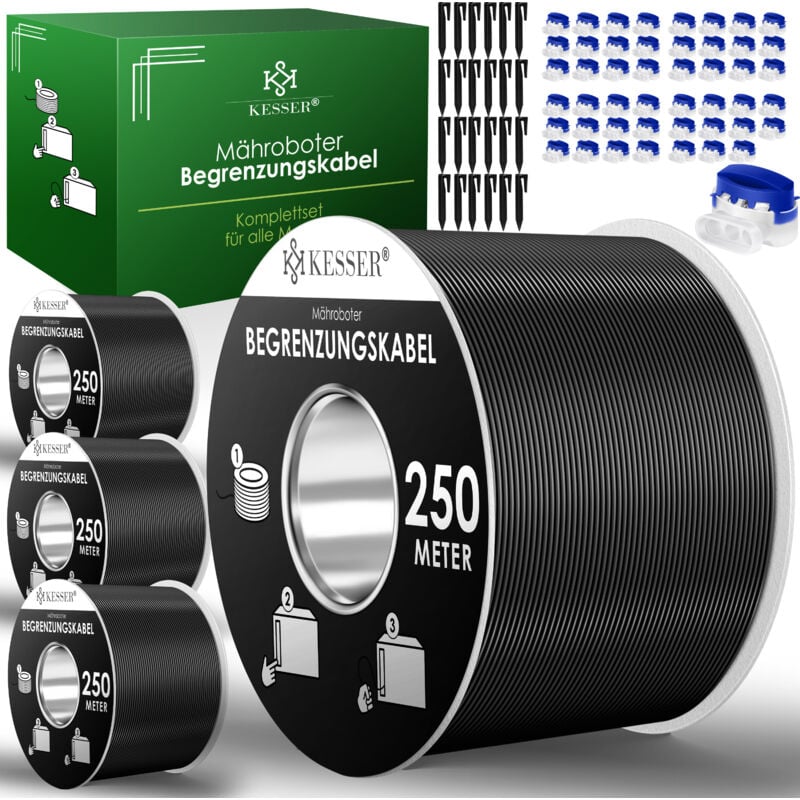 Câble périphérique + piquet + connecteur de câble pour tondeuse robot Accessoires set Câble périphérique compatible universel Noir / 1000m + kit