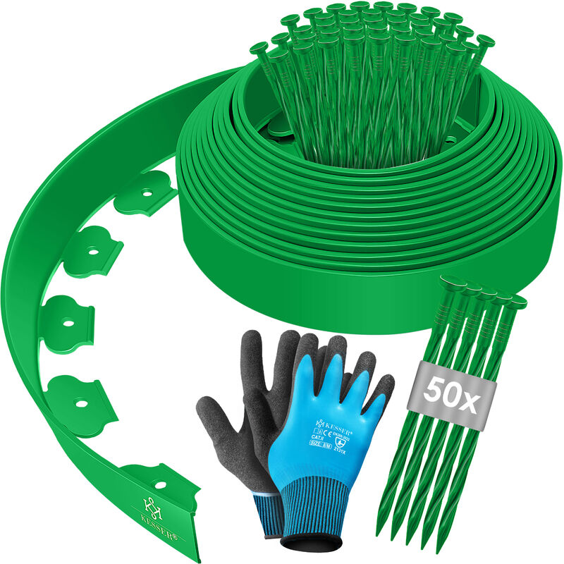 Kesser - Bordure de pelouse flexible en plastique avec piquets + gants Bordure de parterre Bordure de tonte Vert / 10m - hauteur 5cm