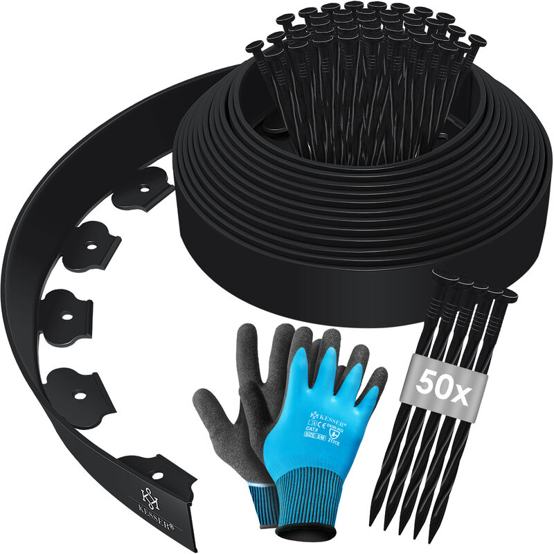 Kesser - Bordure de pelouse flexible en plastique avec piquets + gants Bordure de plate-bande bordure de tonte Noir / 10m - hauteur 5cm