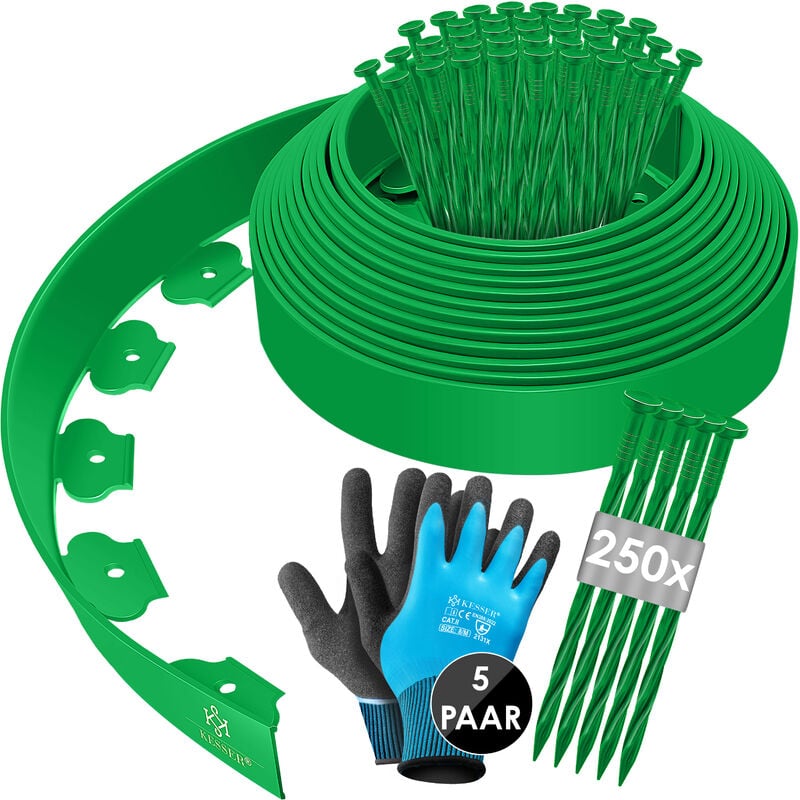 Bordure de pelouse flexible en plastique avec piquets + gants Bordure de plate-bande bordure de tonte vert / 50m - hauteur 5cm - Kesser