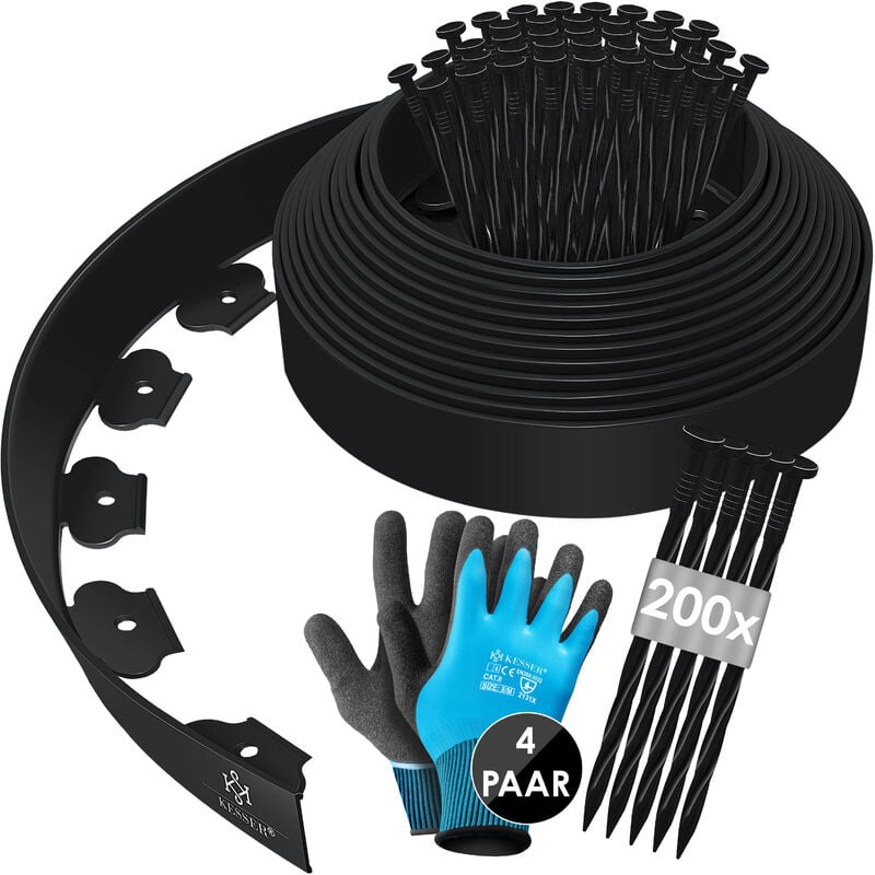 Bordure de pelouse flexible en plastique avec piquets + gants Bordure de plate-bande bordure de tonte noir / 40m - hauteur 5cm - Kesser