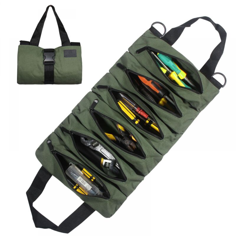 (vert) Outils en Toile rouleau de pochette à outils multifonction Sac à Outils Portable avec 6 Poches Zippées Adapté à la Maison Quotidienne,Au