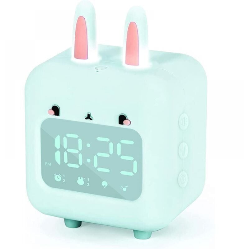 SNQ - Vert Réveil numérique pour enfants, lapin avec veilleuse, minuteur et répétition, horloge de chevet rechargeable par usb pour filles, garçons,