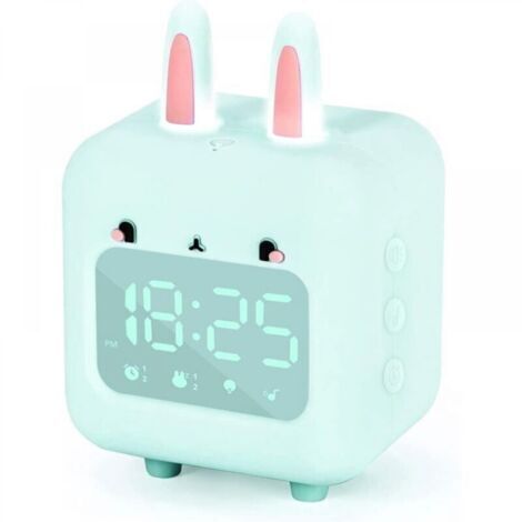Vert Réveil numérique pour enfants, lapin avec veilleuse, minuteur et répétition, horloge de chevet rechargeable par USB pour filles, garçons, chambre à coucher, cadeau d'école