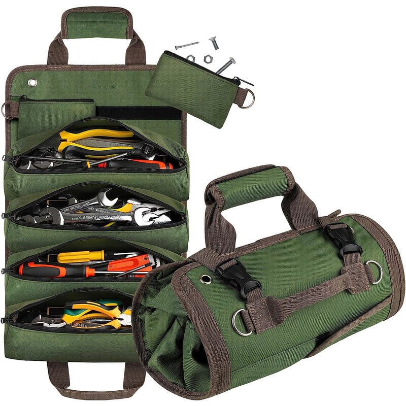 Vert) Sac à Outil Imperméable Trousse Sacoche Enroulable Porte Outils Oxford Portable Rangement pour Bricoleur Garage Voiture Moto