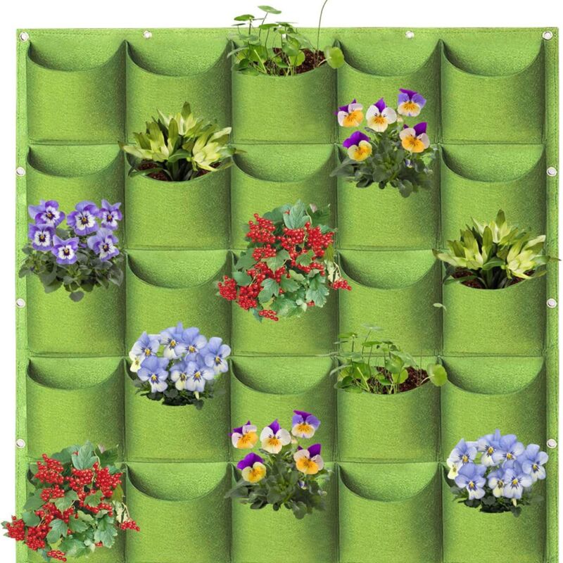 Vert Sacs de plantation à suspendre, 25 poches, à fixation murale verticale, sacs de plantation de jardinage, sacs de rangement pour plantes (1 m × 1