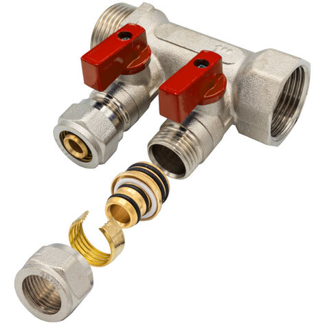 Verteiler mit 2 Abgängen Kugelhahn Rot MF-1” 2 x 16