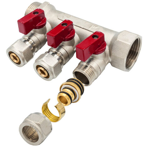 Verteiler mit 3 Abgängen Kugelhahn Rot MF-1” 3 x 16