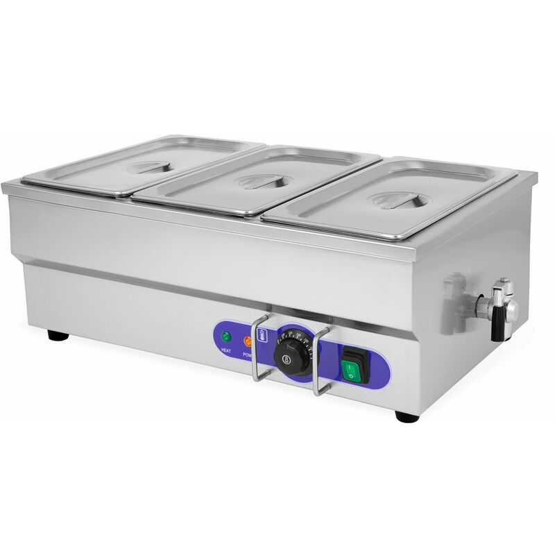 Bain Marie Chauffe-Plats Professionnel Électrique 1500W en Inox (Incl. 3x 1/3 gn Récipient Avec Couvercle Pour 3x 3,8L, Robinet de Vidange,