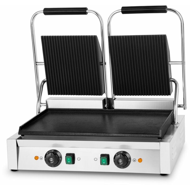 VERTES Double Gril de Contact, Plaques de Gril en Fonte Rainurée/Plate, 3600W Gastronomie Multigrill pour Panini, Galette, Viande, Légume, Sandwich,