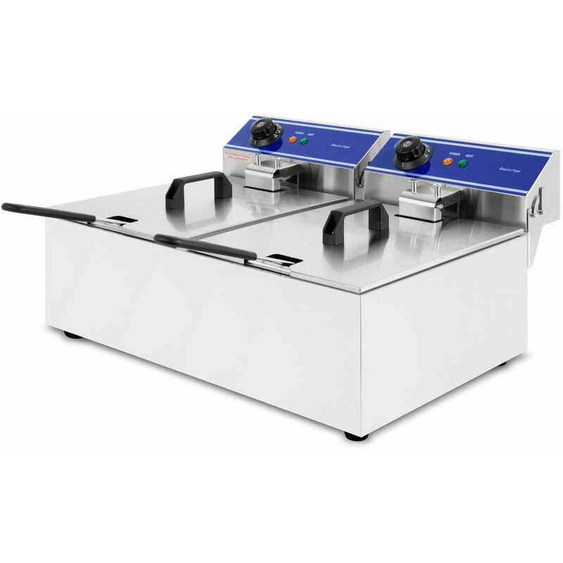 Image of Friggitrice elettrica 2x10L (cestino per friggere, 2x3000 Watt, 230V, temperatura regolabile fino a 200°C, principio della zona fredda, acciaio inox)