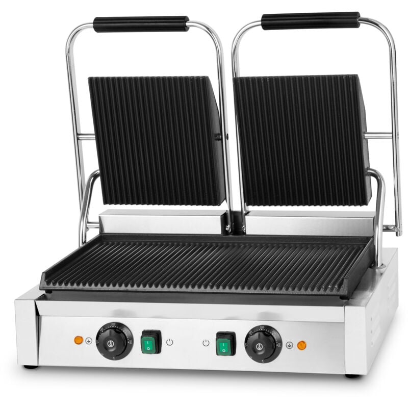 Gril de Contact Double, Plaques en Fonte Rainurée, 3200W Gastronomie Multigrill pour Panini, Galette, Viande, Légume, Sandwich, Boîtier en Acier