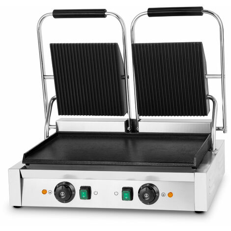 VERTES Kontaktgrill doppelt, Gusseisen Grillplatte oben gerillt / unten flach, 3600 W Gastro Multigrill für Fladenbrot, Fleisch, Gemüse, Sandwich, Edelstahlgehäuse, regelbar 0-300°C, teflonbeschichtet