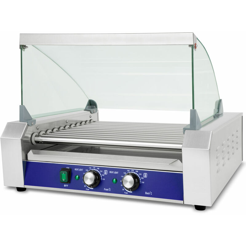 Image of Macchina Cuoci Hot Dog Maker Salsiccia (11 rulli, 2200 Watt, temperatura 50-250°C, 2 zone di riscaldamento, copertura in vetro temprato, acciaio