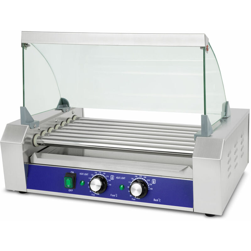 Image of Macchina Cuoci Hot Dog Maker Salsiccia (7 rulli, 1400 Watt, temperatura 50-250°C, 2 zone di riscaldamento, copertura in vetro temprato, acciaio inox)