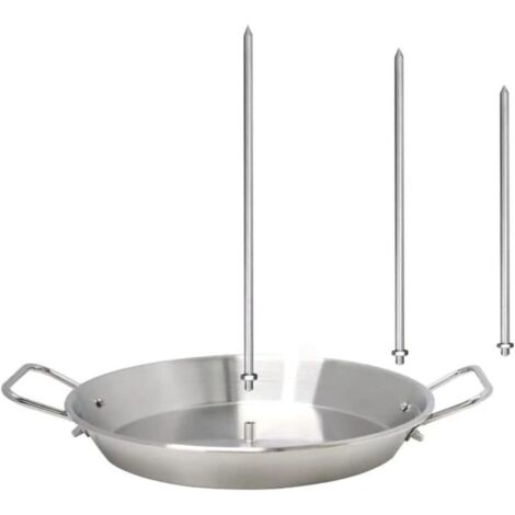 Vertical stainless steel barbecue stand with removable skewers and grease tray, ideal for tacos, shawarma, gyros, whole chickens and kebabs, for indoor and outdoor use