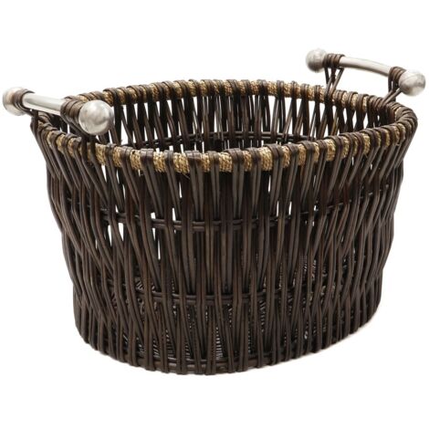 Vertical Weave Oval Log Basket with Metal Handles, Brown, Medium
