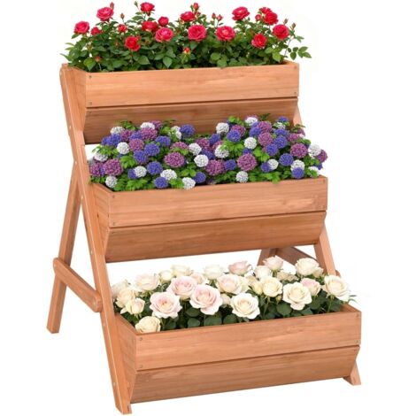 Vertikales Hochbeet mit 3 Etagen Vertikalbeet aus Holz Blumenkasten mit 3 Pflanzkästen Ablauflöchern Braun