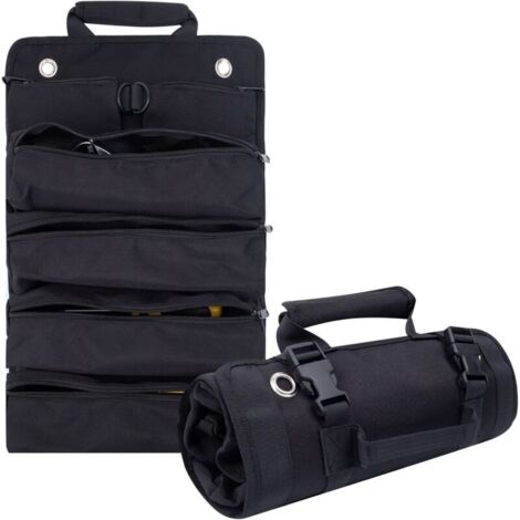 （Vert）Sac à outils à roulettes, matériel multifonctionnel, pour électricien, travail du bois, rouleau à outils de voiture vide, rouleau à outils portatif avec 5 poches séparées