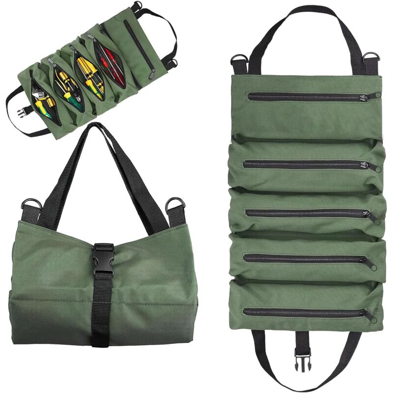 Csparkv - vert)Sac à outils enroulable en toile avec 5 poches à fermeture éclair, rouleau de pochette à outils multifonction