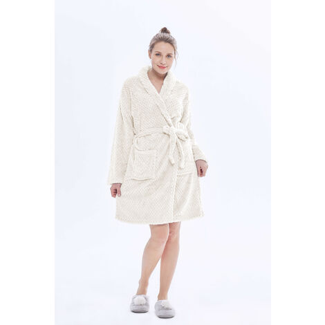 Vestaglia Morbida Flanella Calda Morbida Pile Felpa Divano Coperta Maniche Lunghe Scialle Pigiama Panna - L