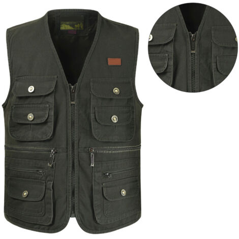 Veste de pêche respirante en coton, multiples poches, taille XL, vert, parfaite pour journalisme et plein air.