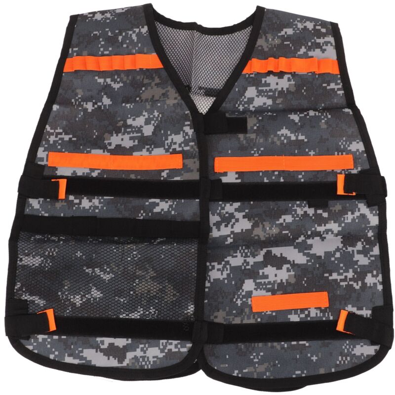 Veste de rangement pour jeux d'enfants en tissu Oxford, ajustable avec clips pour jouets, idéale pour aventures en extérieur, couleur gris camouflage.