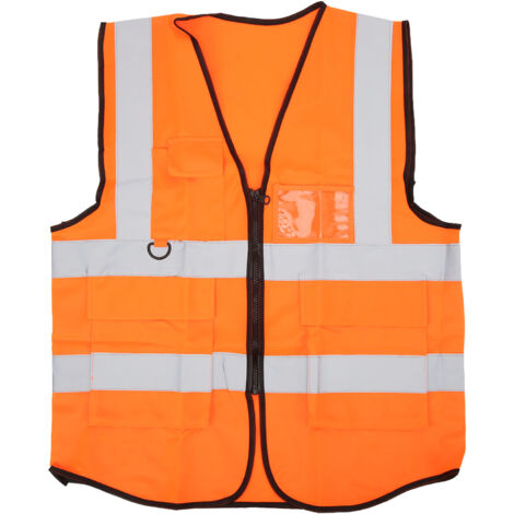 Veste de sécurité haute visibilité orange, imperméable avec fermeture éclair et multiples poches pour professionnels.