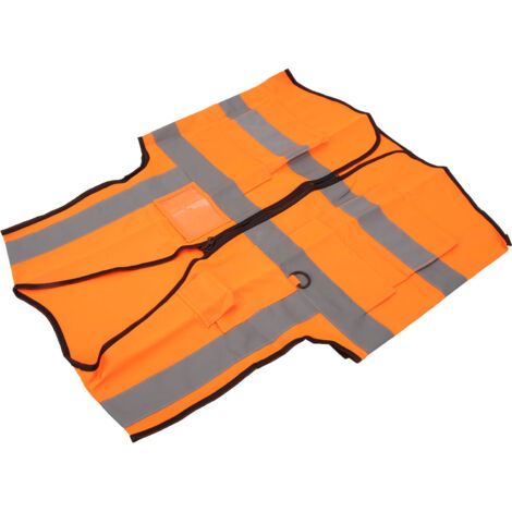 Veste de travail haute visibilité orange imperméable, avec fermeture à glissière et poches multiples pour chantier.