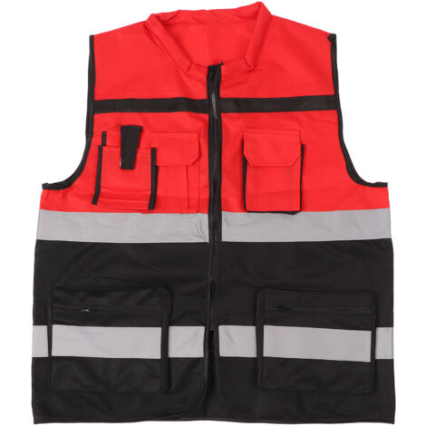 Veste de Travail Réfléchissante Rouge et Noir avec Poches pour Chantier et Sécurité Routière