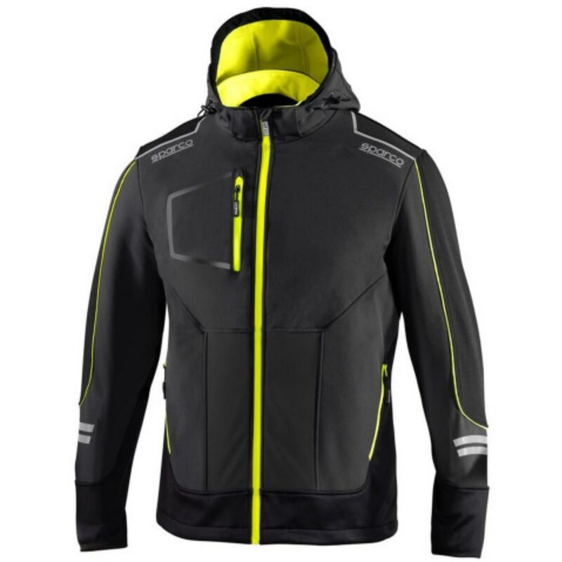 Veste softshell de travail Sparco dc Tech gris fonce'/jaune fluo Taille. Inserts de renfort xxxl et bandes re'fle'chissantes avec capuche amovible