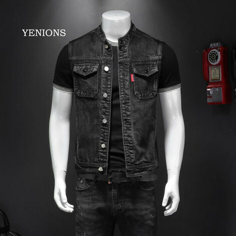Veste en Jean rétro pour hommes, Slim, noir, col montant, sans manches, Style moto, manteau de marque Cowboy, nouvelle collection,01,L