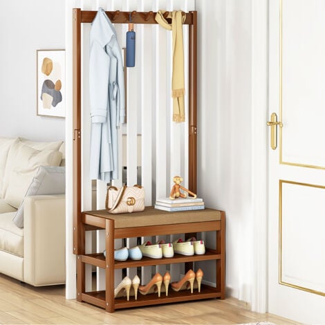 Vestiaire au style rustique, Ultrixe Vestiaire, Meuble d’Entrée, avec 5 Crochets, Banc et Étagère à Chaussures, Cadre en Bambou, Longueur 64 cm, pour Bureau, Chambre, Salle de Séjour