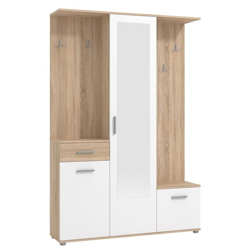 Vente-unique - Vestiaire avec 3 portes, 1 tiroir et 1 miroir - Naturel et blanc - camola