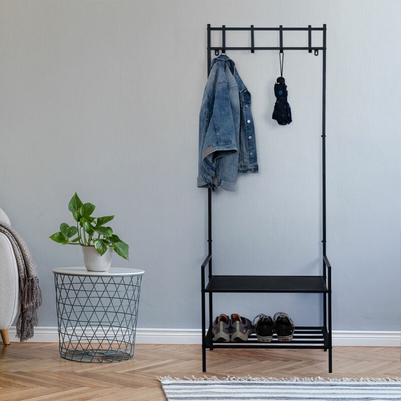 Vestiaire avec meuble à chaussures, noir, porte-manteau, métal, station pour chien, porte-manteau, place de stationnement en laisse pour chiens, 4x