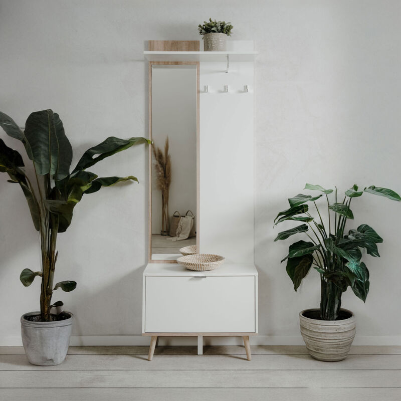 Vestiaire avec miroir et abattant 200 cm décor chêne et blanc - GOTHY