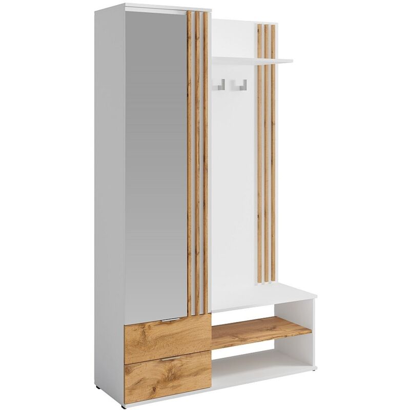Vestiaire avec miroir et rangements - Blanc et Naturel - JANAKIA