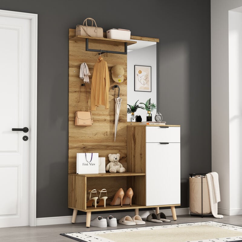 Modernluxe - Vestiaire avec porte manteau + meuble à chaussures + miroir - Naturel