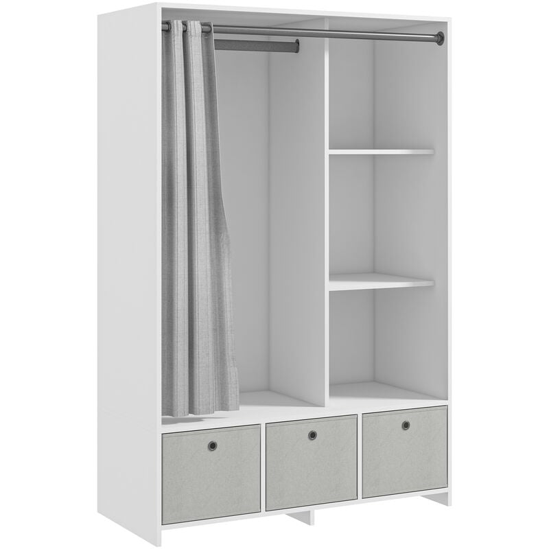Vestiaire d'entrée - barre de penderie, 3 niches, 3 tiroirs tissu, rideau - panneaux blanc polyester lin gris clair