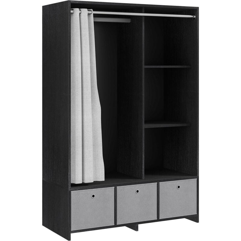 Vestiaire d'entrée - barre de penderie, 3 niches, 3 tiroirs tissu, rideau - panneaux noir polyester lin gris clair