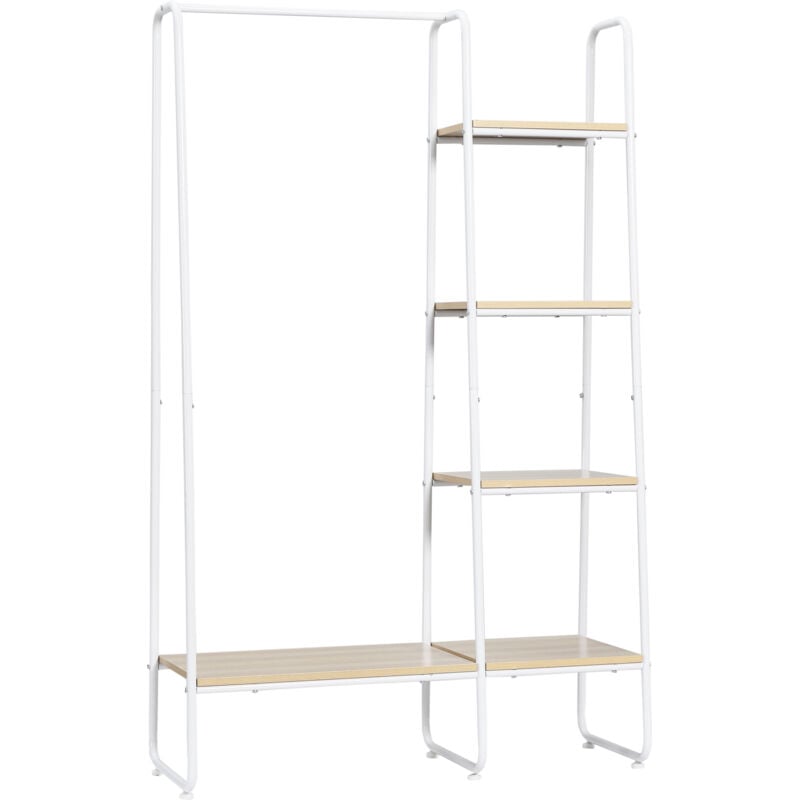 Homcom - Vestiaire d'entrée - penderie, 5 étagères - dim. 101L x 39l x 160H cm - acier blanc panneaux aspect bois clair