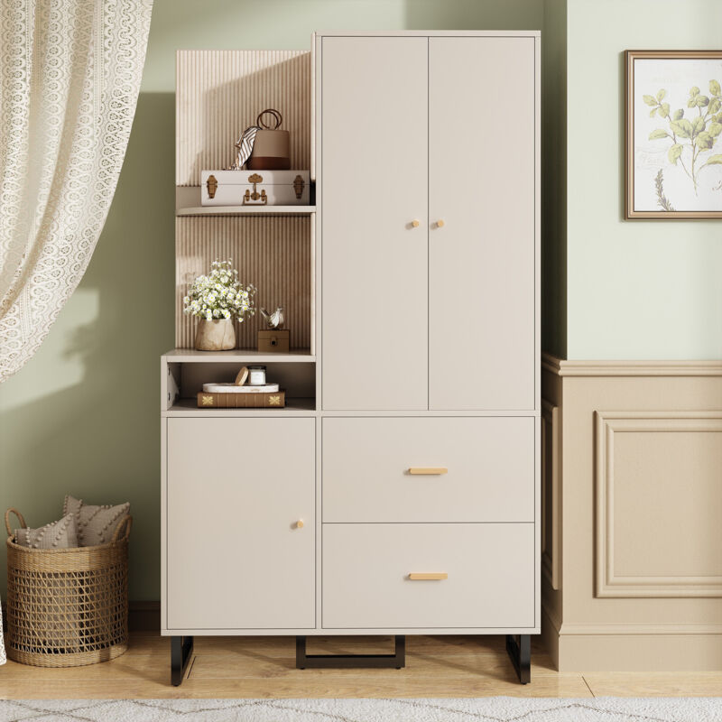 Tanant – Ensemble de meubles d'entrée 4 en 1 – Vestiaire 186 cm avec penderie, 2 tiroirs, porte et compartiments ouverts – MDF beige