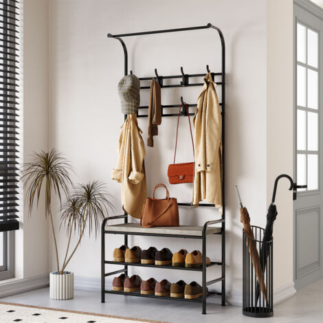 Vestiaire d'entrée, Arbre à Chaussures d'entrée 4 en 1, étagère de Rangement à 3 Niveaux avec 8 Crochets Mobiles, Meuble d'entrée Multifonctionnel, Meuble à Chaussures Entrée 23.5"x11.8"x 70.7",GRIS