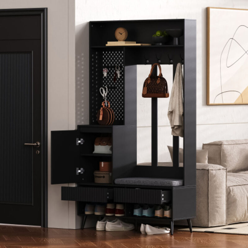 Vestiaire d'entrée avec banc à chaussures, 4 patères, 2 tiroirs et 1 porte, noir