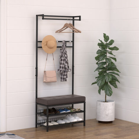 Vestiaire d'entrée avec banc, portant à vêtements et étagère à chaussures, noir, 72,5x35x180 cm
