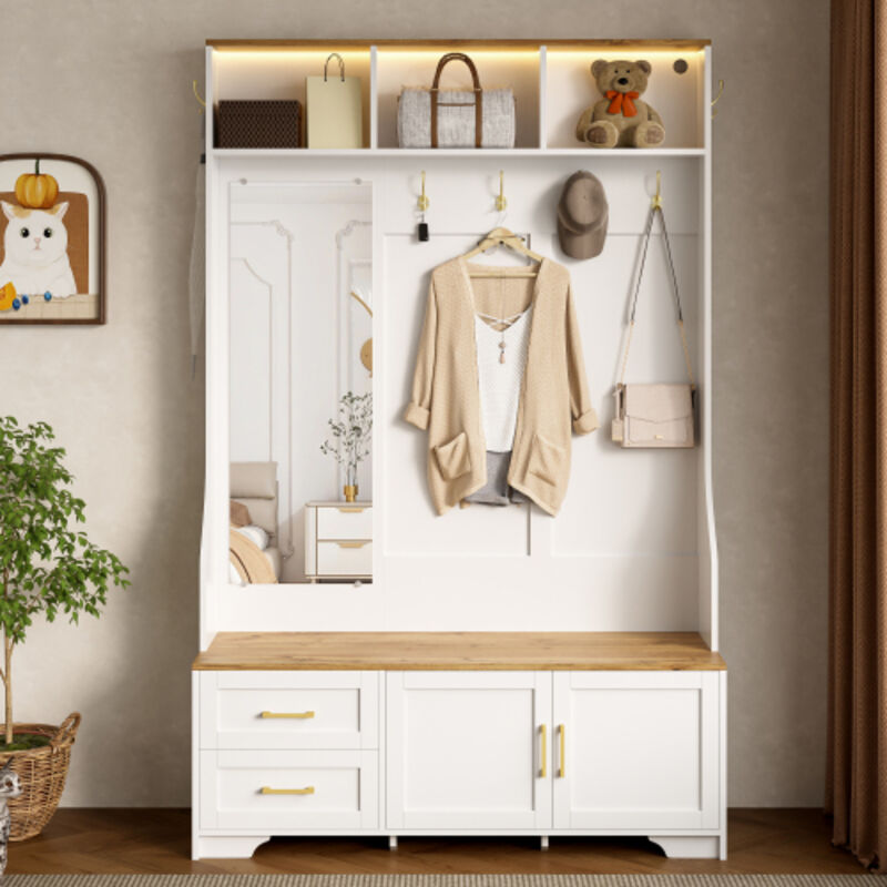 Vestiaire d'entrée avec miroir et assise, éclairage LED, crochets et 2 tiroirs, compartiments de rangement, blanc