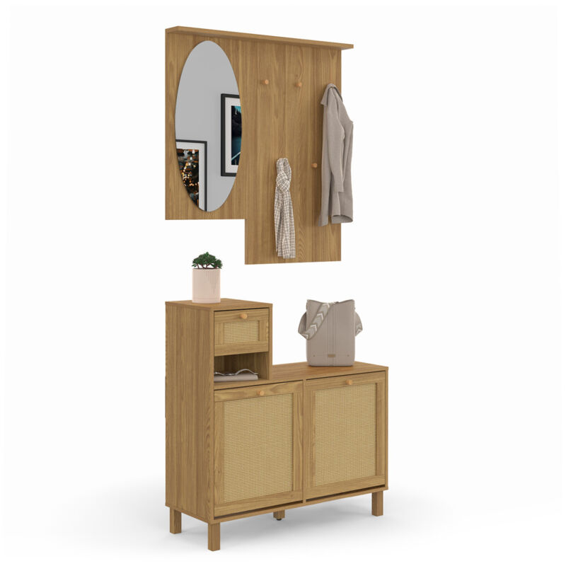 Vestiaire d'entrée avec miroir hanae effet naturel cannage